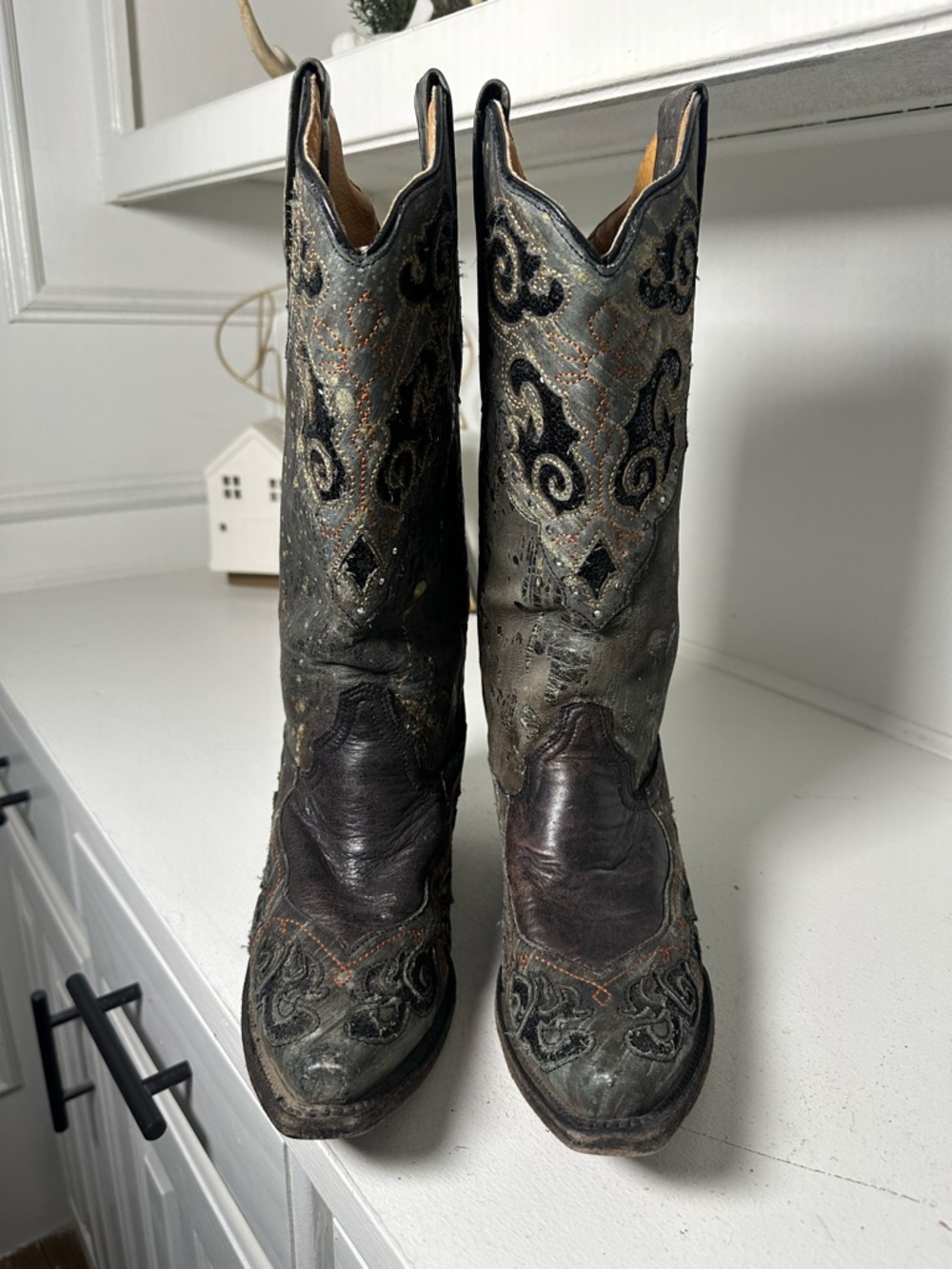 Corral Buckle Exclusive Cowboy Boots Women's 6.5M Black Goat Leather Hand Waxed - Picture 3 of 11
